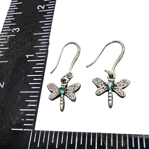 Pierced Earrings Dragonfly Charm Dangle Blue Rhinestones Silver Tone Minimalist - Picture 3 of 4